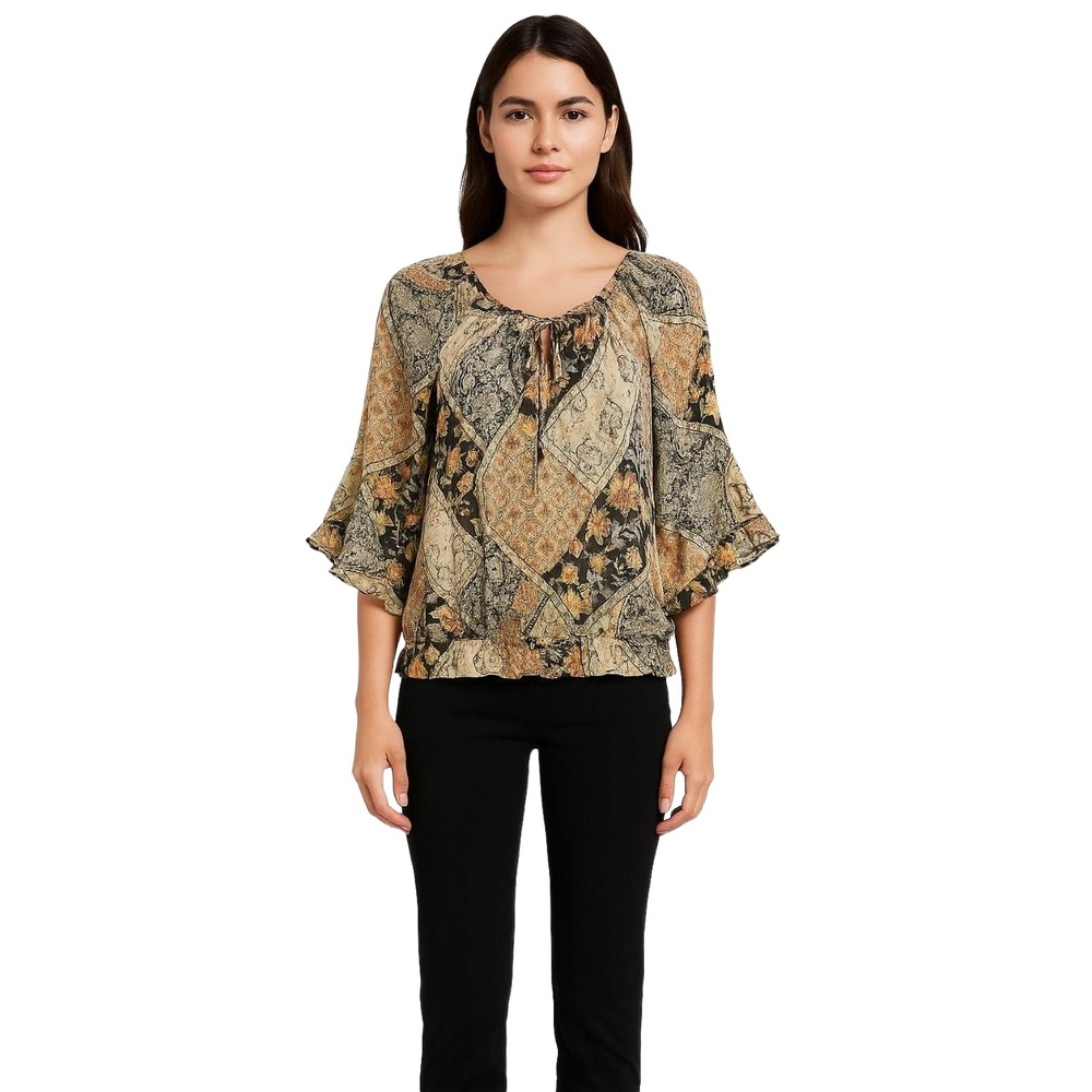 BCX Womens Peasant Top Size L Black ‎ Patchwork Floral Boho Bell Sleeve